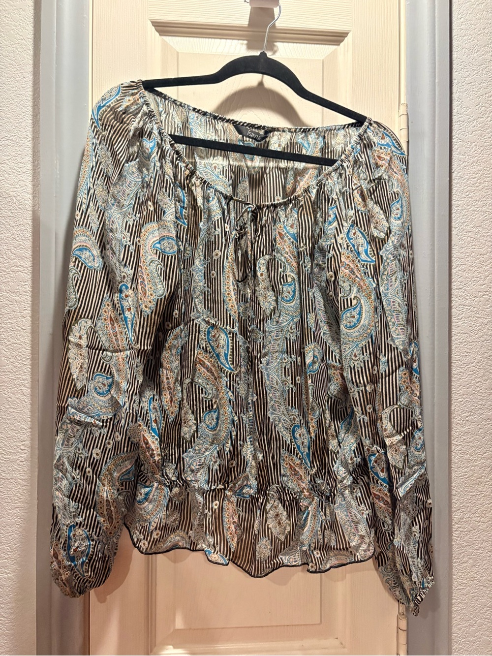 Paisley Stripe Peasant Blouse - Blue & Brown